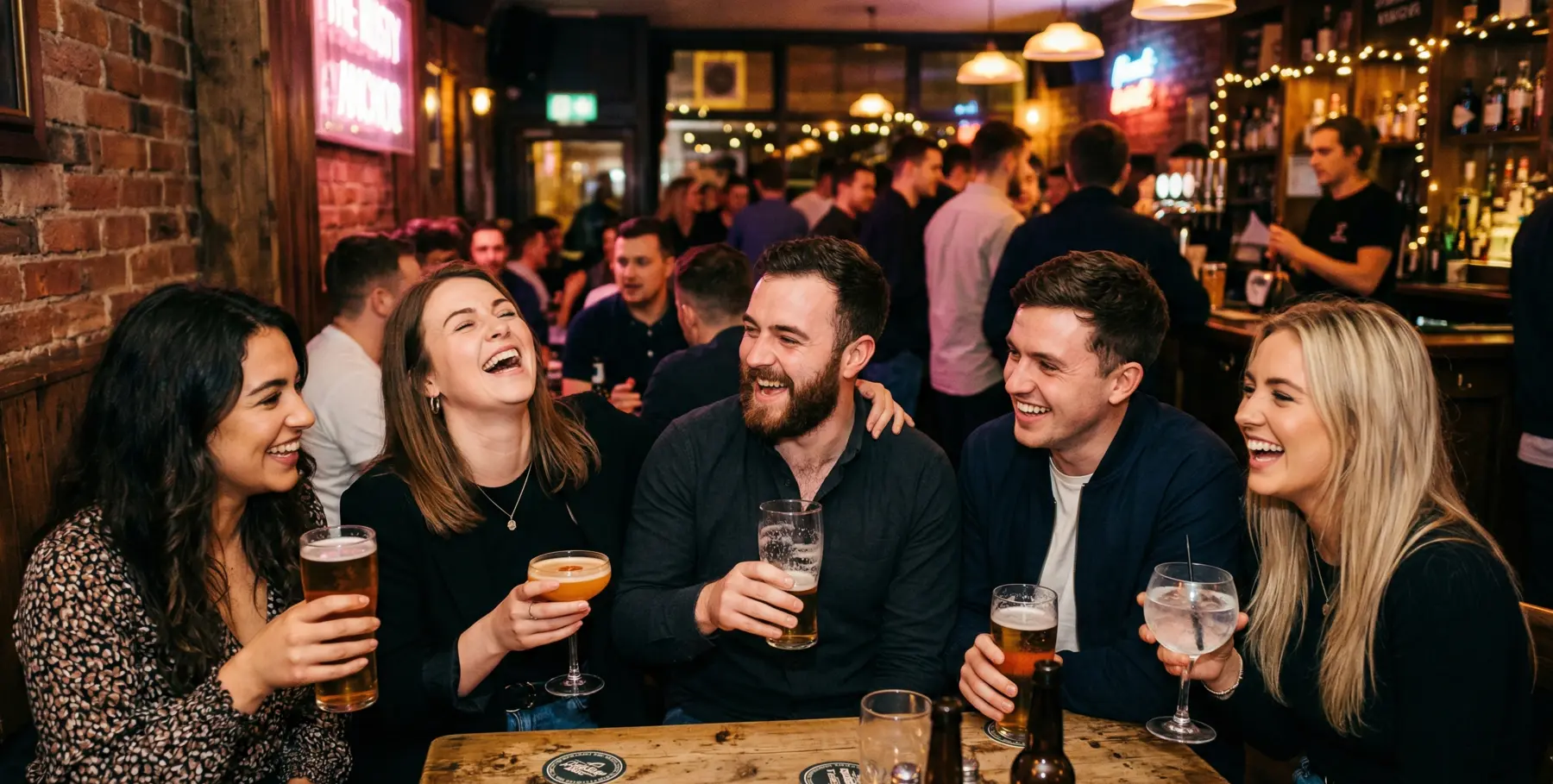 Friends laughing together over drinks in a busy bar