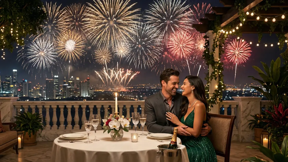 A celebratory rooftop dinner with fireworks