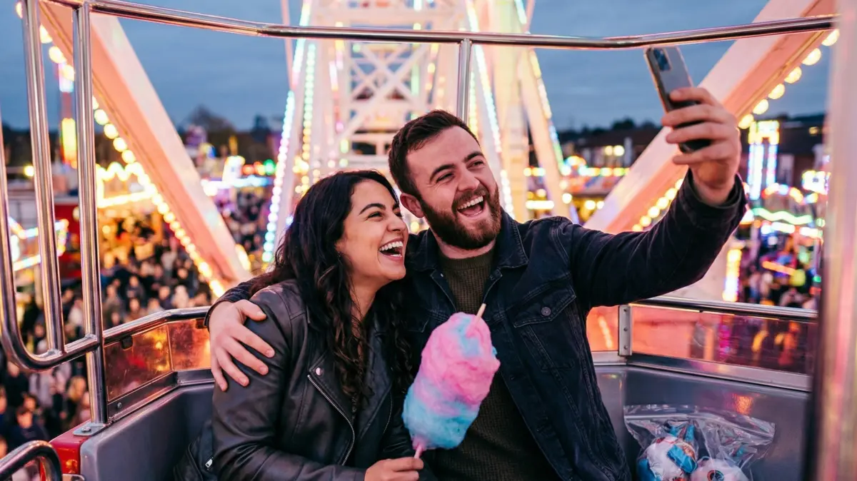 A couple enjoying a lively amusement park evening
